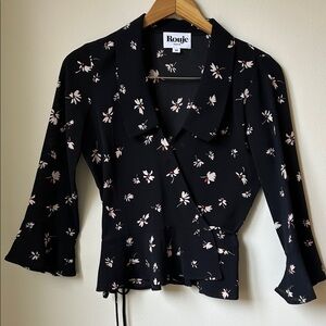 Rouje Black Floral Wrap Top with Cream & Light Pink Print